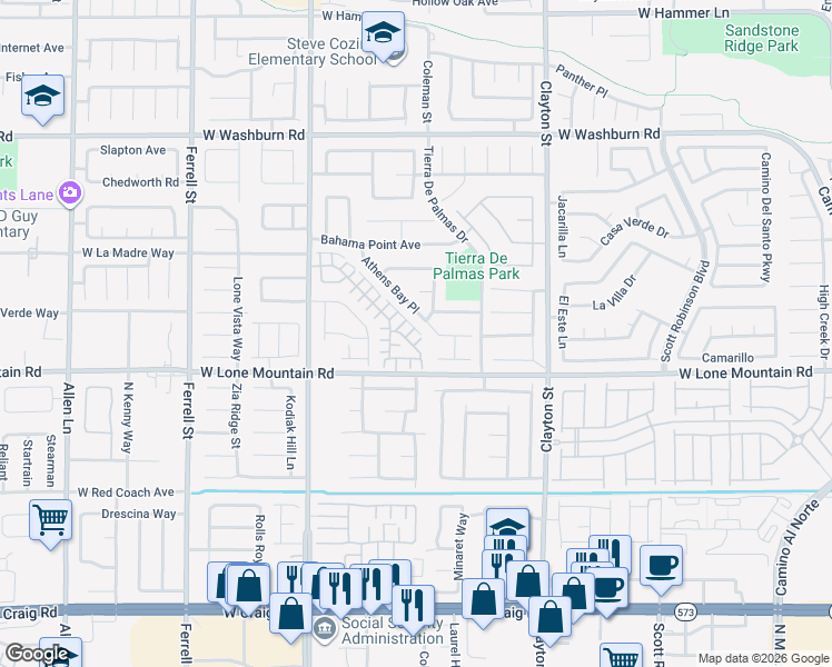 map of restaurants, bars, coffee shops, grocery stores, and more near 2411 Attributes Court in North Las Vegas