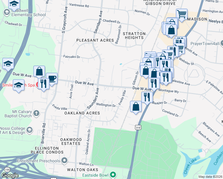 map of restaurants, bars, coffee shops, grocery stores, and more near 309A West Due West Avenue in Nashville