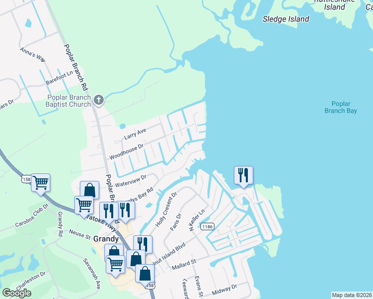 map of restaurants, bars, coffee shops, grocery stores, and more near 190 Dowdys Bay Road in Grandy