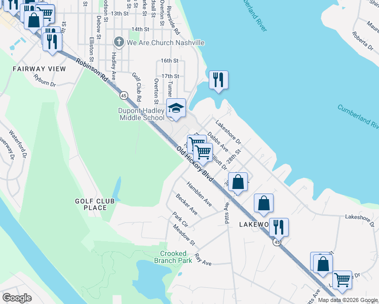 map of restaurants, bars, coffee shops, grocery stores, and more near 2209 Old Hickory Boulevard in Nashville