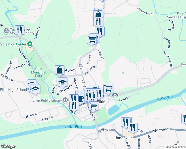 map of restaurants, bars, coffee shops, grocery stores, and more near 219 Gwyn Avenue in Elkin
