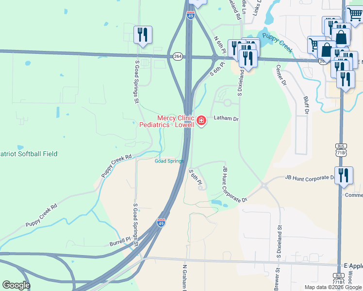map of restaurants, bars, coffee shops, grocery stores, and more near Interstate 49 in Lowell