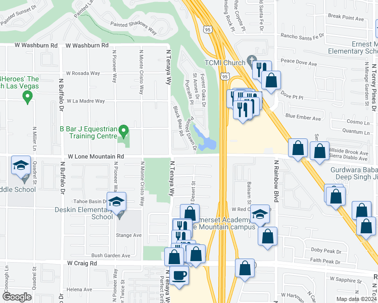 map of restaurants, bars, coffee shops, grocery stores, and more near 7211 Indian Creek Lane in Las Vegas