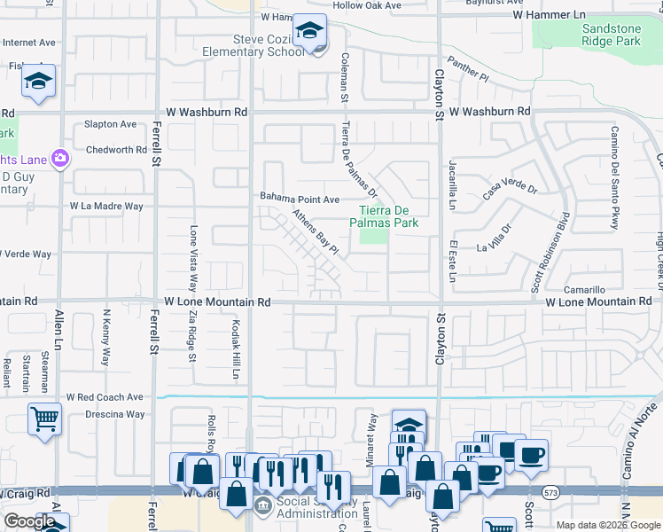map of restaurants, bars, coffee shops, grocery stores, and more near 2412 Attributes Court in North Las Vegas