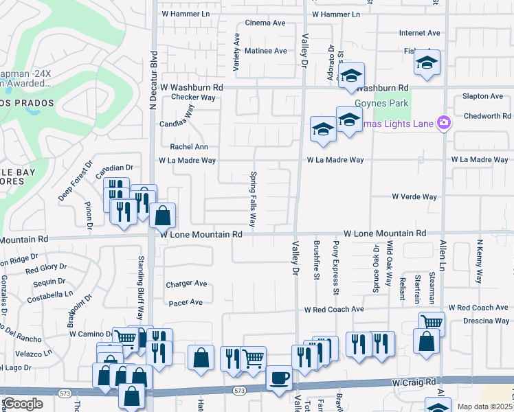 map of restaurants, bars, coffee shops, grocery stores, and more near 4834 Spring Falls Way in North Las Vegas