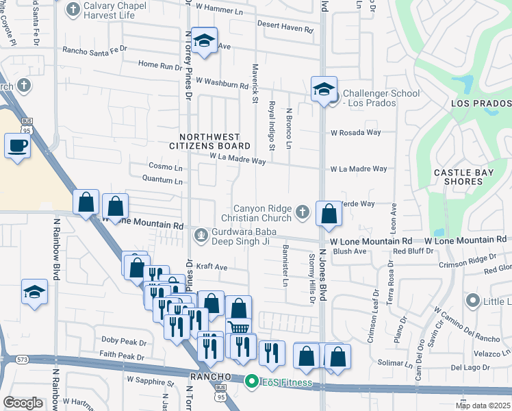 map of restaurants, bars, coffee shops, grocery stores, and more near Maverick Street in Las Vegas