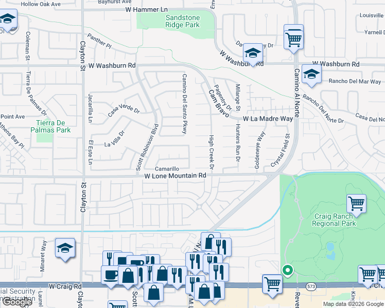 map of restaurants, bars, coffee shops, grocery stores, and more near 1332 Royal Creek in North Las Vegas