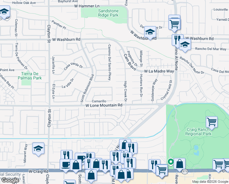map of restaurants, bars, coffee shops, grocery stores, and more near 1332 Royal Creek in North Las Vegas