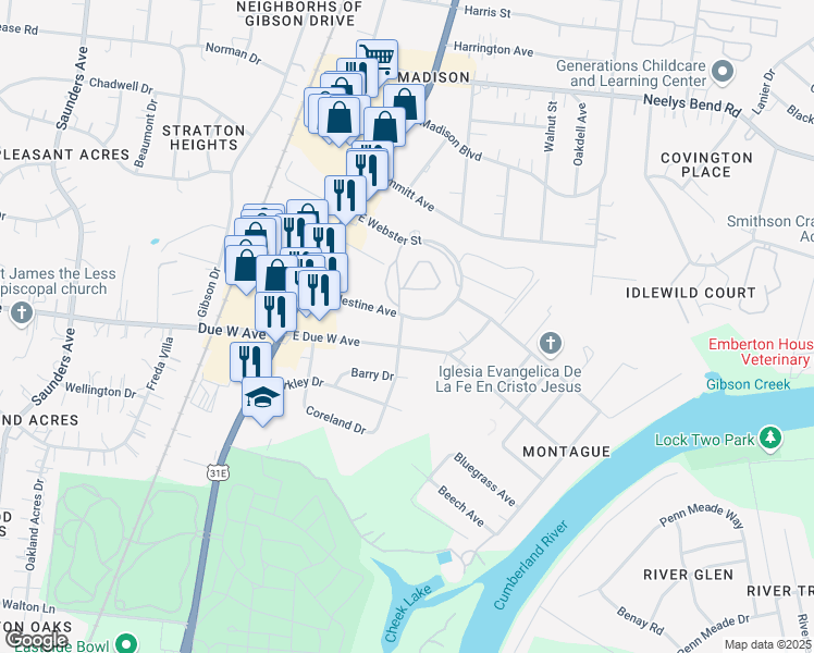 map of restaurants, bars, coffee shops, grocery stores, and more near 201 East Palestine Avenue in Nashville