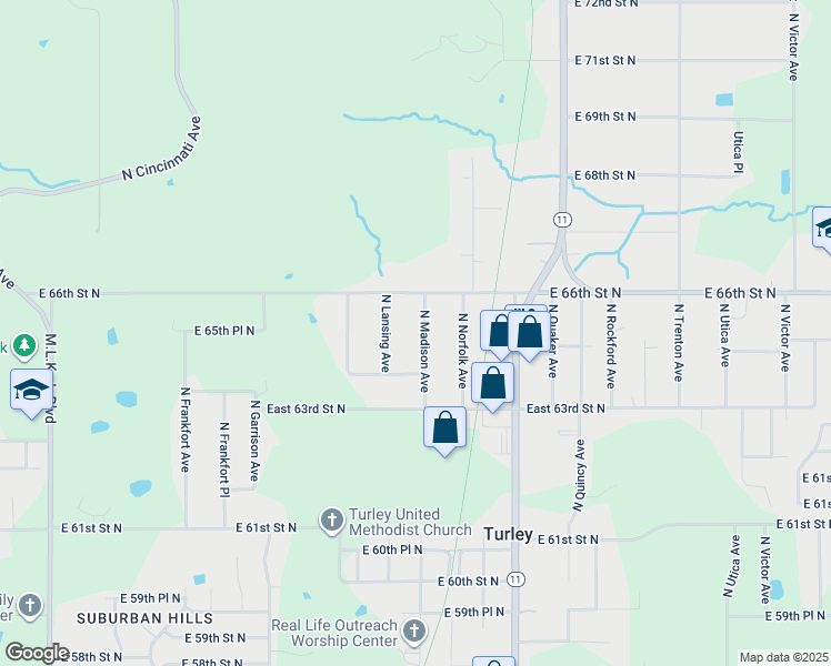 map of restaurants, bars, coffee shops, grocery stores, and more near 6531 North Madison Avenue in Tulsa