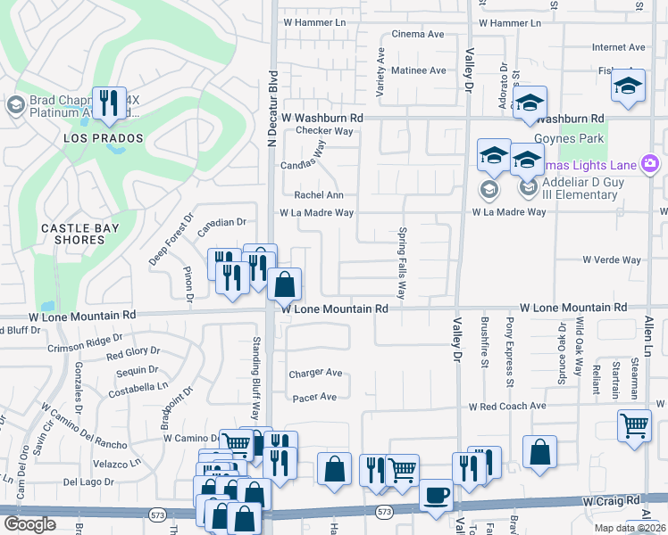 map of restaurants, bars, coffee shops, grocery stores, and more near 4841 Breezy Day Drive in North Las Vegas