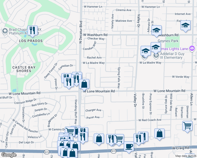 map of restaurants, bars, coffee shops, grocery stores, and more near 4841 Breezy Day Drive in North Las Vegas