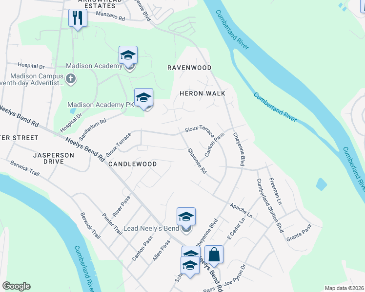 map of restaurants, bars, coffee shops, grocery stores, and more near 540 Pueblo Drive in Nashville