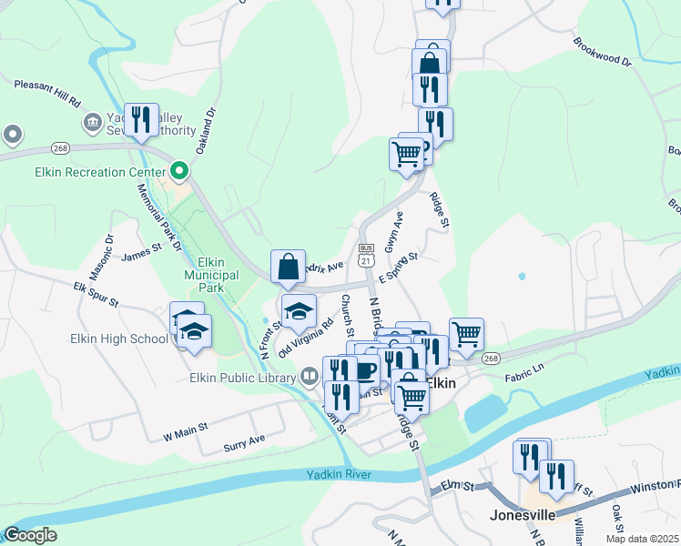 map of restaurants, bars, coffee shops, grocery stores, and more near 331 Church Street in Elkin