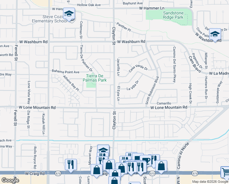 map of restaurants, bars, coffee shops, grocery stores, and more near Clayton Street in North Las Vegas