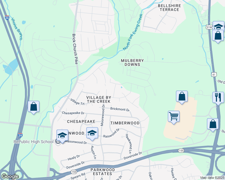 map of restaurants, bars, coffee shops, grocery stores, and more near 3813 Ridgeside Drive in Nashville