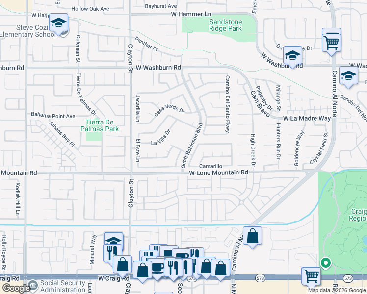 map of restaurants, bars, coffee shops, grocery stores, and more near 4869 Camino Pacifico in North Las Vegas