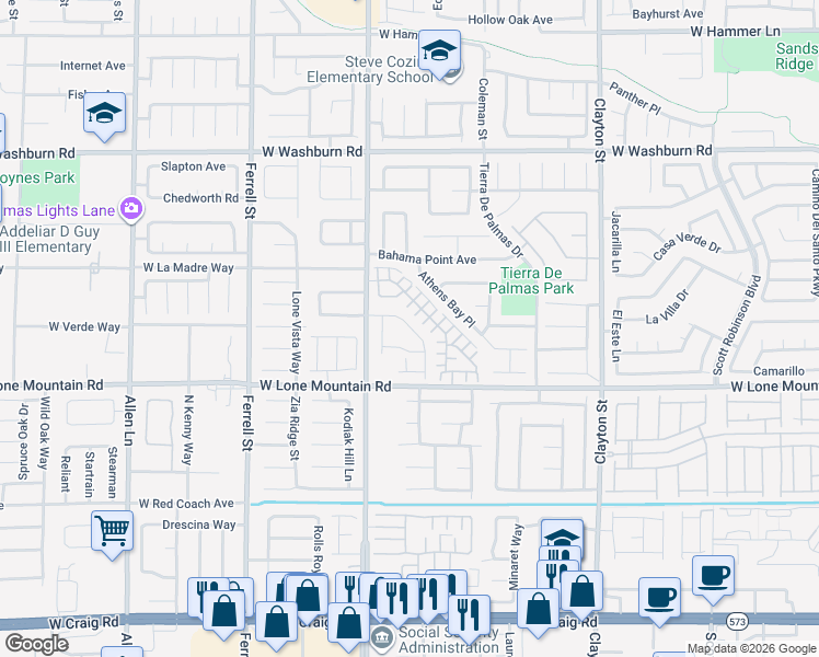 map of restaurants, bars, coffee shops, grocery stores, and more near 2712 Kindness Court in North Las Vegas