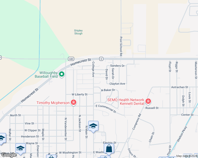 map of restaurants, bars, coffee shops, grocery stores, and more near 921 College Avenue in Kennett