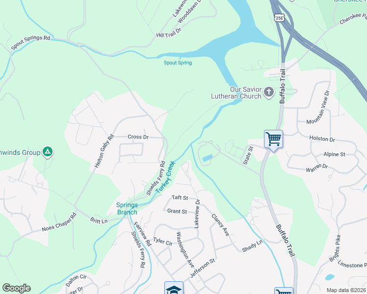 map of restaurants, bars, coffee shops, grocery stores, and more near 2654 Shields Ferry Road in Morristown