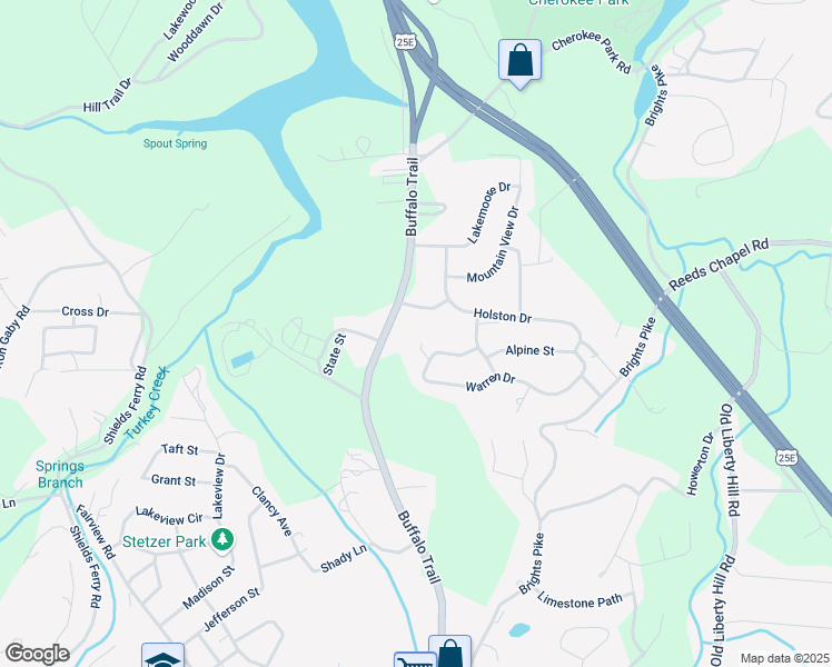 map of restaurants, bars, coffee shops, grocery stores, and more near 2596 Buffalo Trail in Morristown