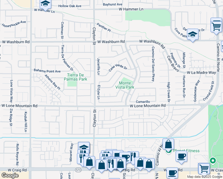 map of restaurants, bars, coffee shops, grocery stores, and more near 1900 La Villa Drive in North Las Vegas