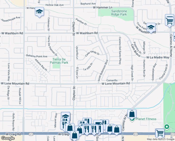 map of restaurants, bars, coffee shops, grocery stores, and more near 1900 La Villa Drive in North Las Vegas
