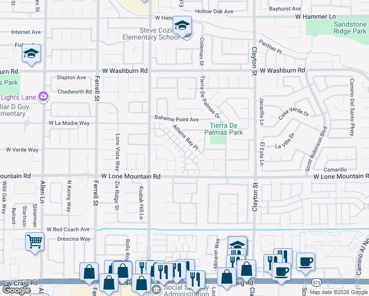 map of restaurants, bars, coffee shops, grocery stores, and more near 2607 Commitment Court in North Las Vegas