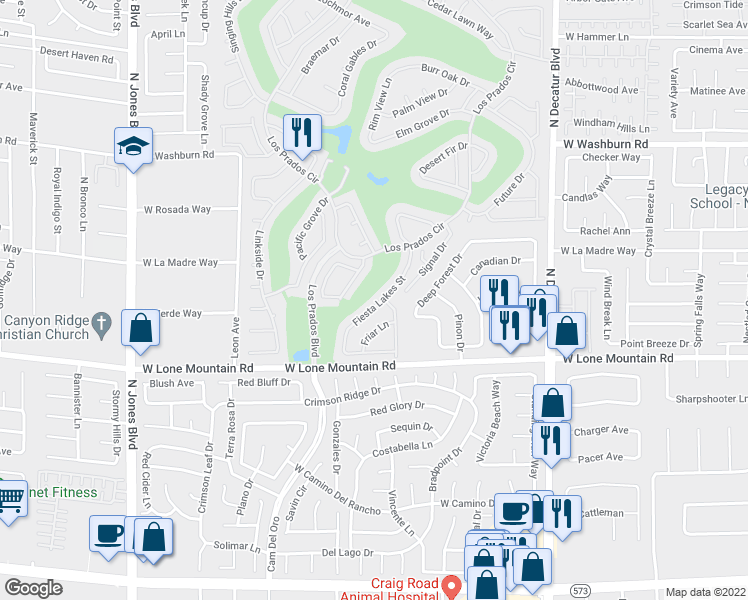 map of restaurants, bars, coffee shops, grocery stores, and more near 4873 Fiesta Lakes Street in Las Vegas