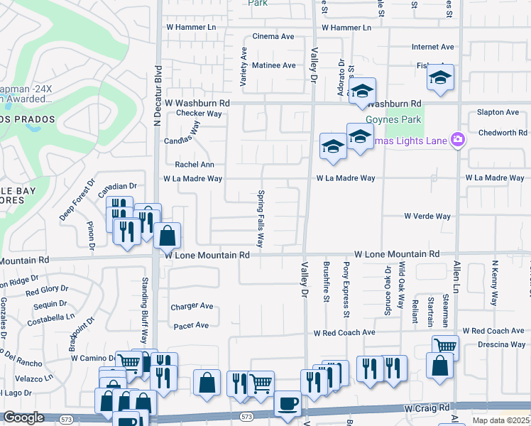 map of restaurants, bars, coffee shops, grocery stores, and more near 4904 Spring Falls Way in North Las Vegas