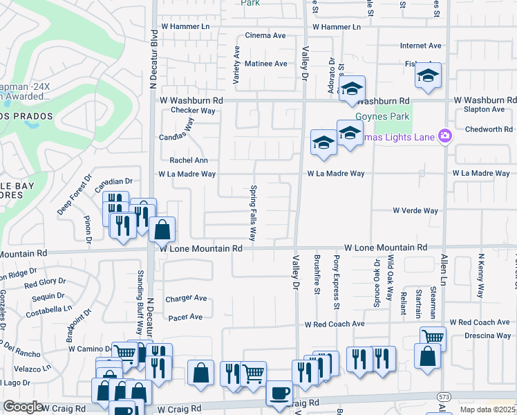 map of restaurants, bars, coffee shops, grocery stores, and more near 4904 Spring Falls Way in North Las Vegas