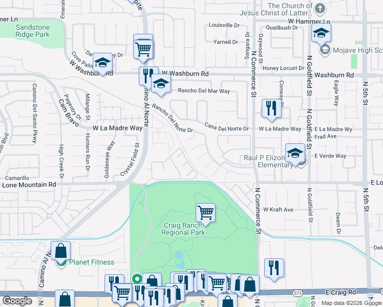 map of restaurants, bars, coffee shops, grocery stores, and more near 4914 Rancho Verde Court in North Las Vegas
