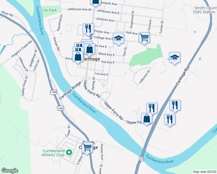map of restaurants, bars, coffee shops, grocery stores, and more near 217 Elm Street in Carthage