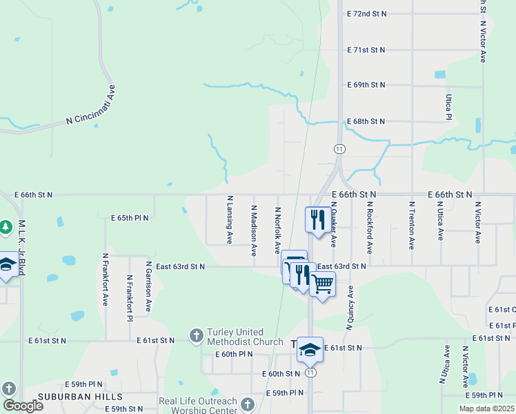 map of restaurants, bars, coffee shops, grocery stores, and more near 6531 North Madison Avenue in Tulsa