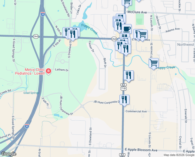 map of restaurants, bars, coffee shops, grocery stores, and more near 324 Center Drive in Lowell