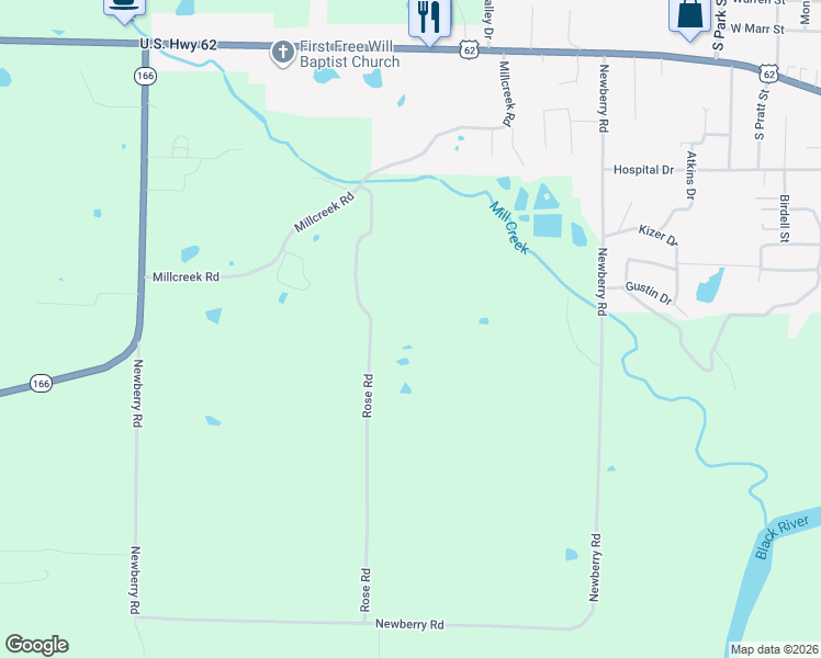 map of restaurants, bars, coffee shops, grocery stores, and more near 350 Rose Road in Pocahontas