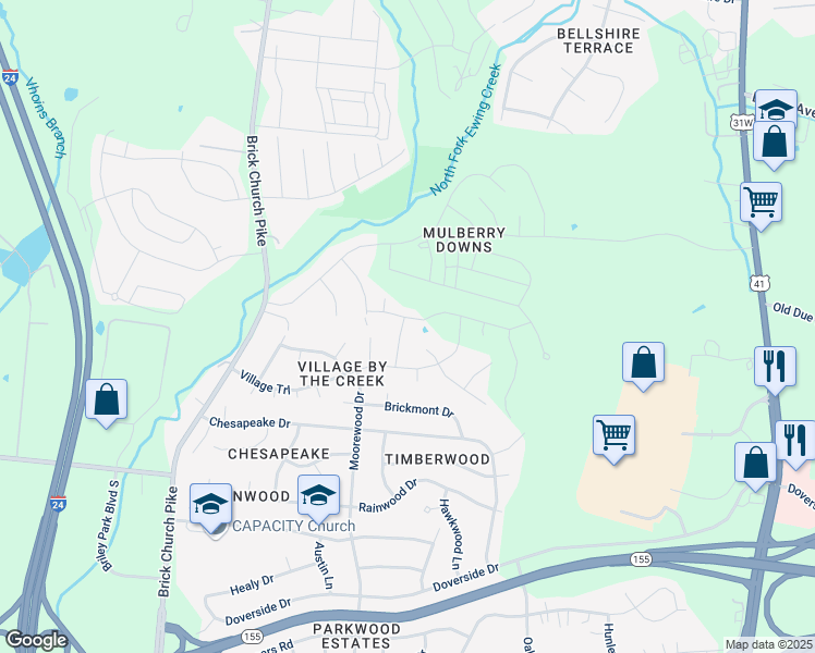 map of restaurants, bars, coffee shops, grocery stores, and more near 3820 Ridgeside Drive in Nashville