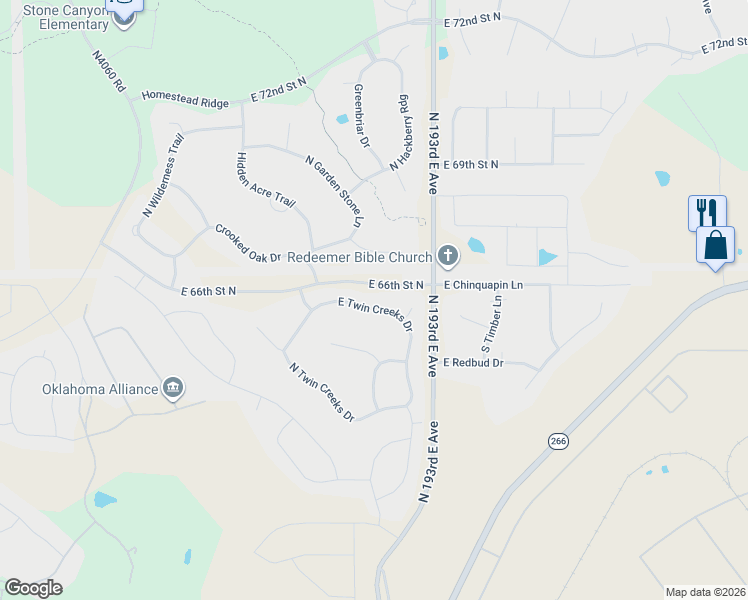 map of restaurants, bars, coffee shops, grocery stores, and more near 19033 East Twin Creeks Drive in Owasso