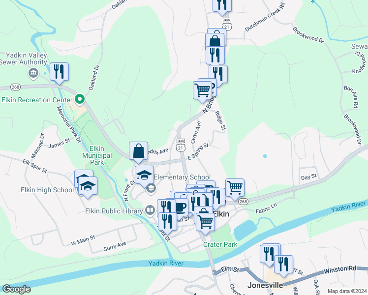 map of restaurants, bars, coffee shops, grocery stores, and more near 324 N Bridge St in Elkin