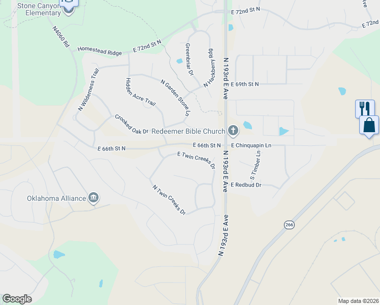 map of restaurants, bars, coffee shops, grocery stores, and more near 19033 East Twin Creeks Drive in Owasso