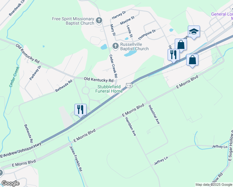 map of restaurants, bars, coffee shops, grocery stores, and more near U.S. 11E in Russellville