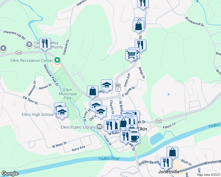 map of restaurants, bars, coffee shops, grocery stores, and more near 331 Church Street in Elkin
