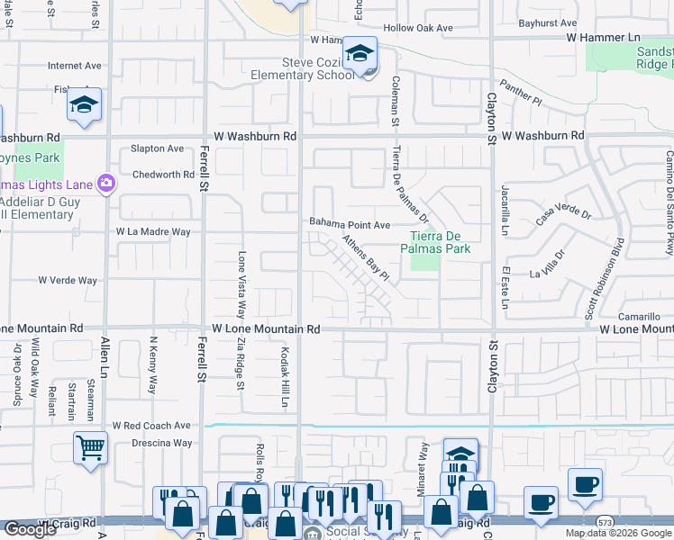 map of restaurants, bars, coffee shops, grocery stores, and more near 2710 Positive Court in North Las Vegas