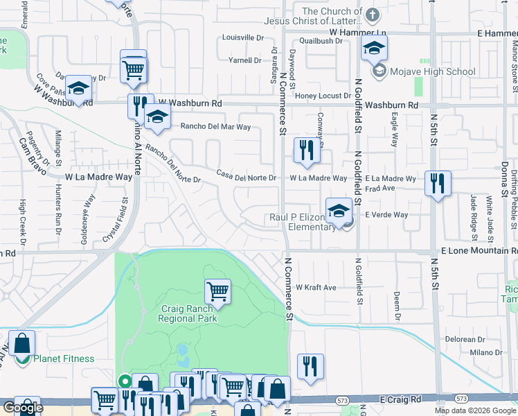 map of restaurants, bars, coffee shops, grocery stores, and more near 370 Casa Norte Drive in North Las Vegas