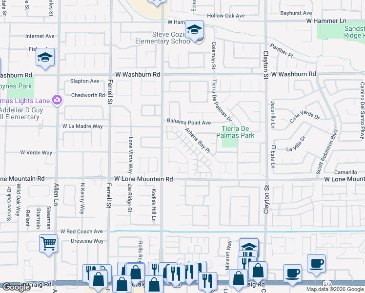map of restaurants, bars, coffee shops, grocery stores, and more near 2712 Kindness Court in North Las Vegas