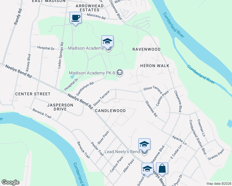 map of restaurants, bars, coffee shops, grocery stores, and more near 1164 Sioux Terrace in Nashville