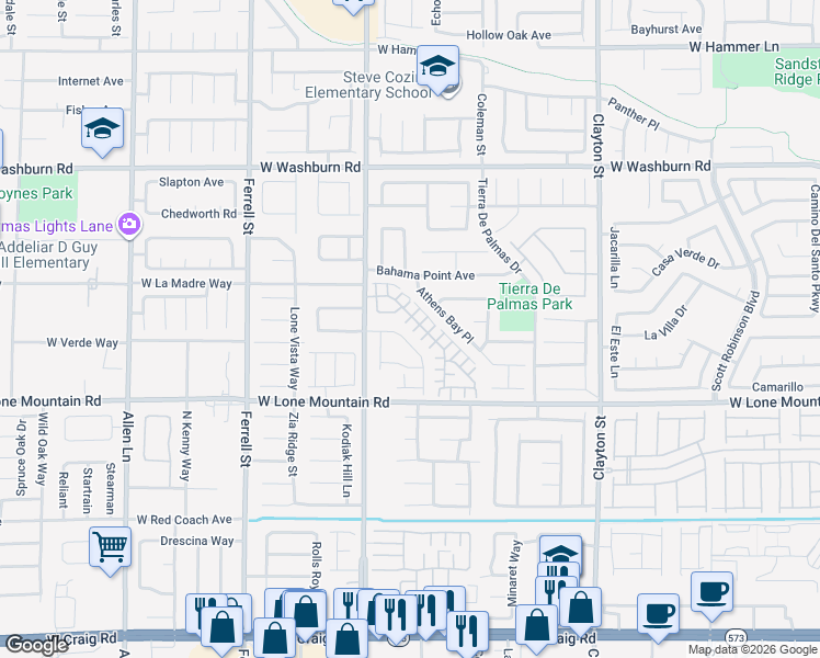 map of restaurants, bars, coffee shops, grocery stores, and more near 2712 Kindness Court in North Las Vegas