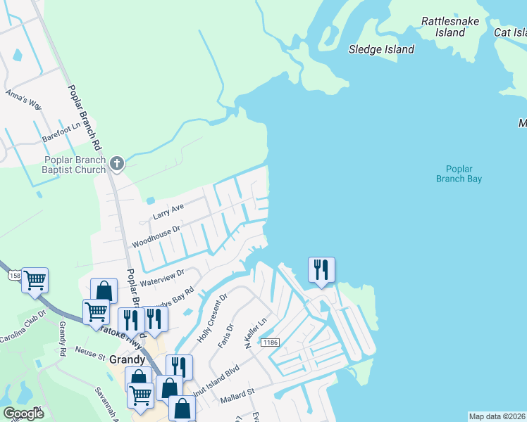 map of restaurants, bars, coffee shops, grocery stores, and more near 108 Mallard Court in Grandy