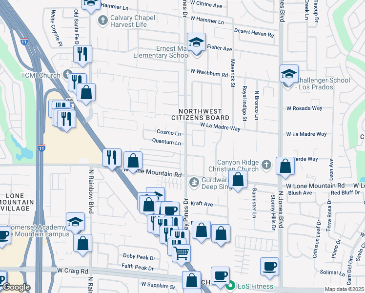 map of restaurants, bars, coffee shops, grocery stores, and more near 6401 Quantum Lane in Las Vegas