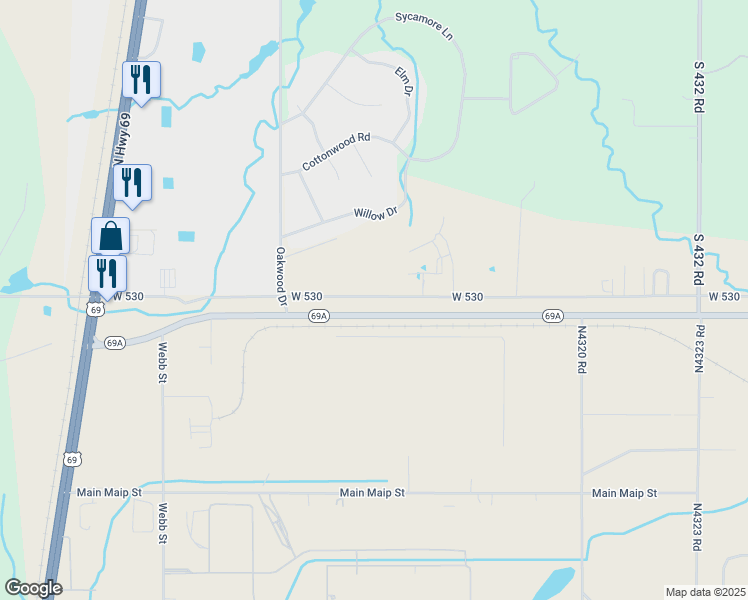 map of restaurants, bars, coffee shops, grocery stores, and more near 3130 Main Maip Street in Pryor